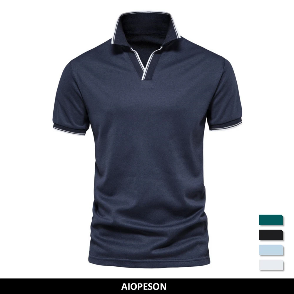 AIOPESON V Neck Polo Shirts for Men Solid Color Short Sleeve Classic ...