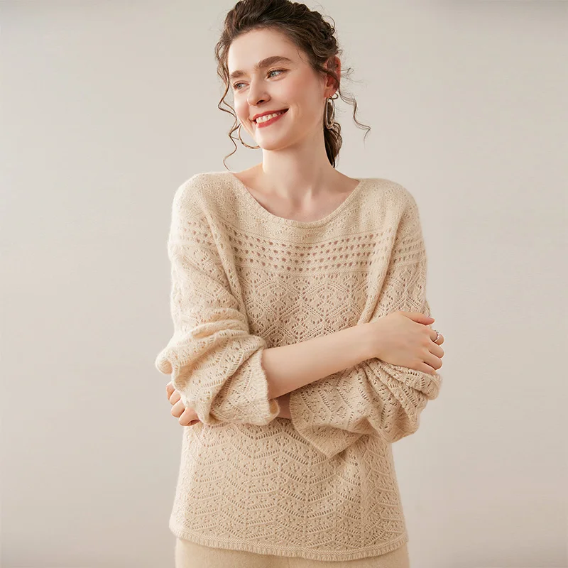 Spring Summer Women Hollow Pullover 100% Cashmere Sweater O-Neck Thick Simple Soft Luxury Grace Style Clothing High Quality