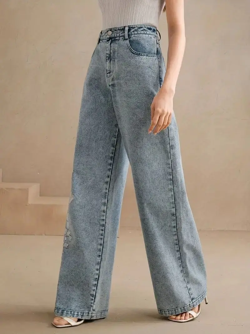 Y2k Pants New 2025 Trend Jeans for Woman Plus Size Comfort Stretch Washed Denim Embroidery Design Fashion Straight Leg