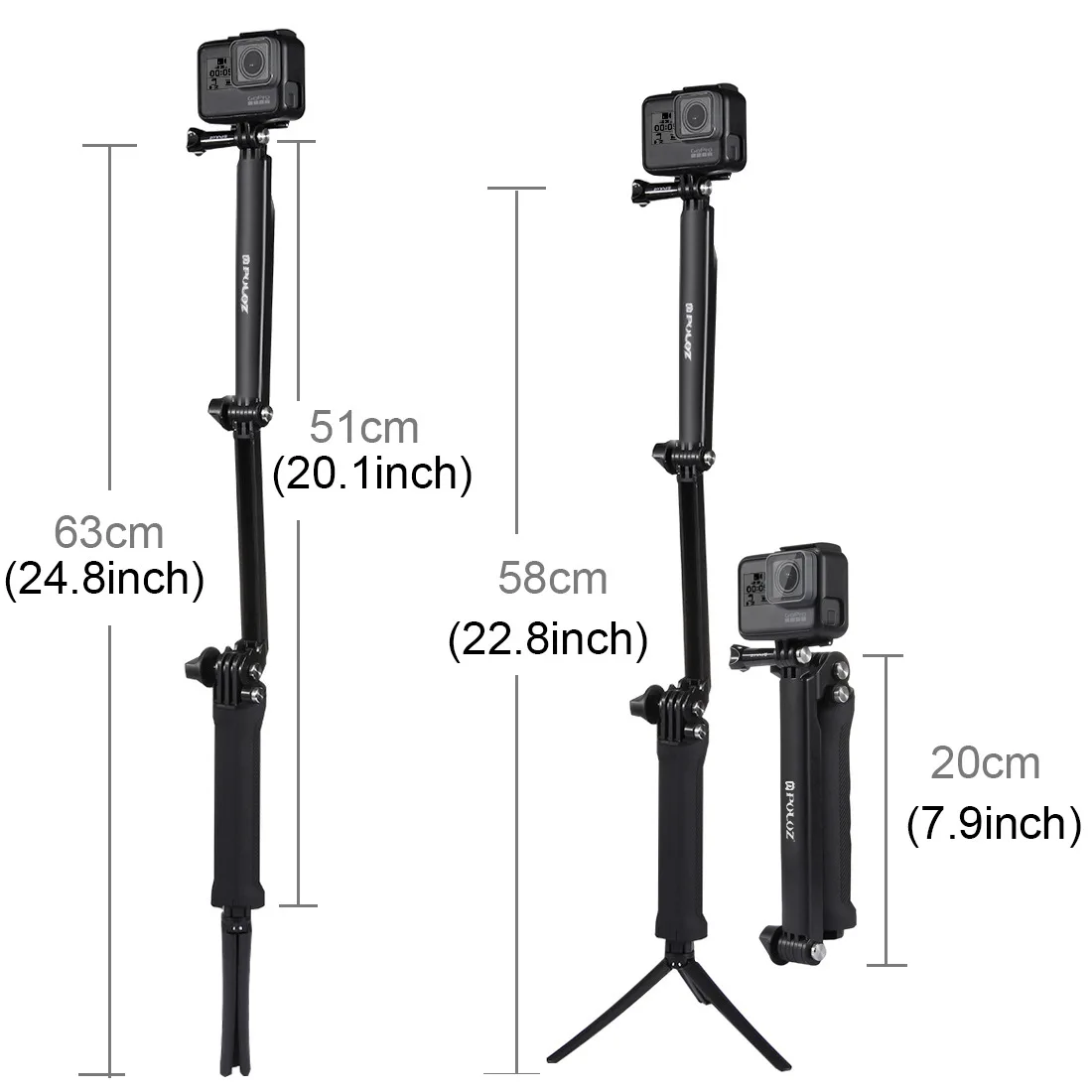PULUZ 3-Way Grip Selfie Stick Foldable Tripod Handheld Selfie Extension Bracket for GoPro/Insta360 ONE R/DJI Action Cameras 5