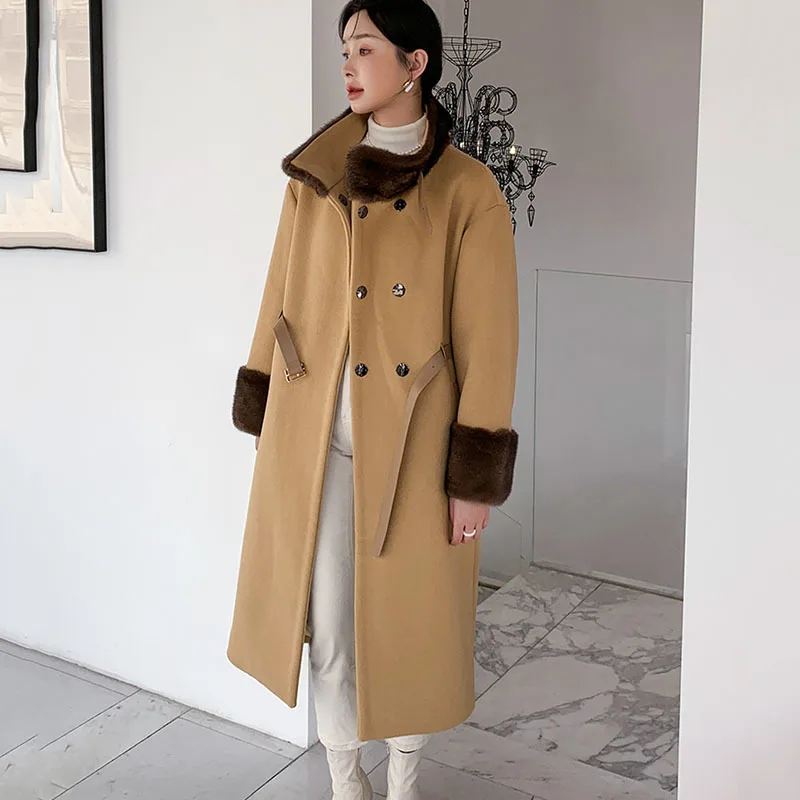 

Discount High end Mink Fur Collar Double Sided Wool Coat Women's New Fashion Casual Camel Stand Collar Belt Slim Fit Wool Overco