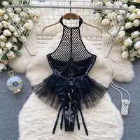 Women Sexy Halter PU Leather Patchwork Mesh Jumpsuit Bunny Girl Cosplay Uniform Lace Slim Hollow Out Bodysuit Short Skirt Pant S 2