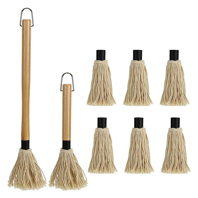 

2 Pack Grilling Basting Mop, BBQ Sauce Basting Mops & Brushes With Wooden Long Handle And 6 Extra Replacement Accessories