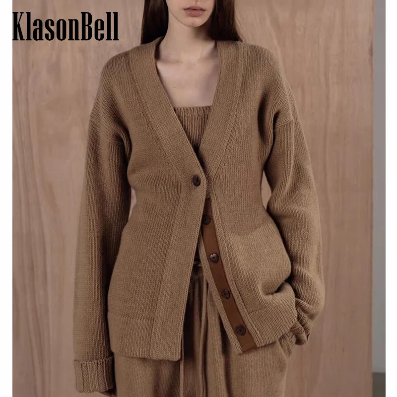 

11.7 KlasonBell Simple V-Neck Collect Waist Long Cardigan Coat Or Suspender Tank Top Or Drawstring Pants Wool Knit Set Women