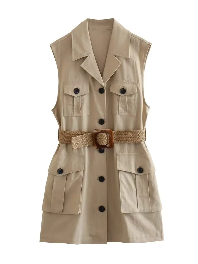 

ZXQJ 2023 Women With Belt Pocket Vest Dress Vintage V Neck Sleeveless Female Dresses Vestidos Mujer