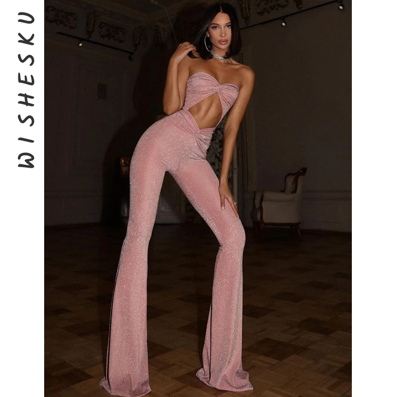 

Fashion One Piece Sexy Strapless Cut Out Jumpsuits Party Club Glitter Outfits for Women Unitards Romper Overalls