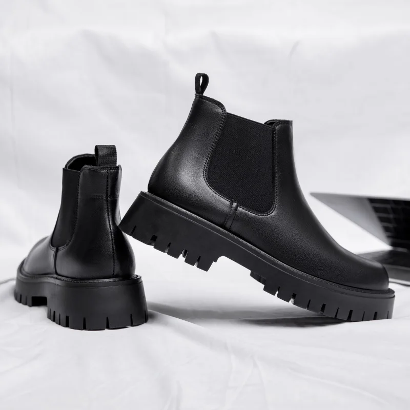 Men Chelsea Boots Platform Short British Style Microfiber Leather Autumn Winter