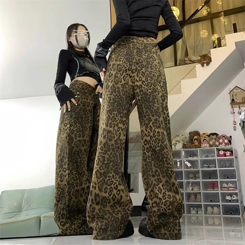 Baggy Leopard Print Jeans Women Trousers 2024 New European And American Style Casual Wide Leg Pants Fashion Retro Straight Jeans