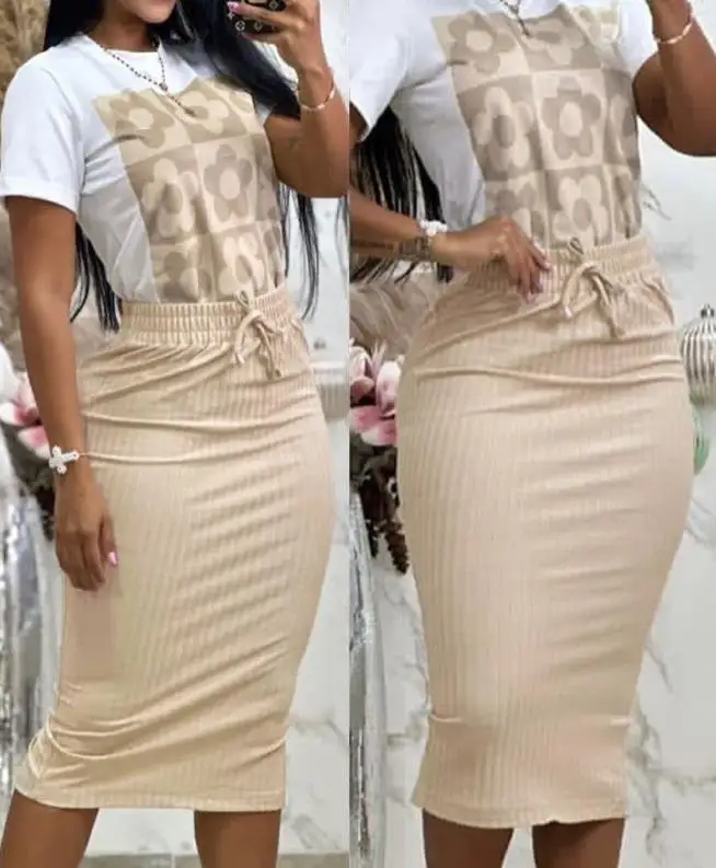 

New 2023 Casual O-Neck Short Sleeve Mid Calf Tight High Waist Floral Print Top and Drawstring Split Skirt Women's Set