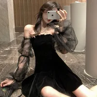 Mesh Patchwork Dress For Ladies Vintage Ladies Sexy Slash Neck Club Style Stylish 1