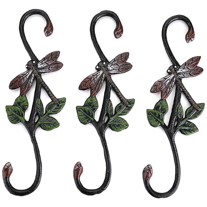 

AT14 Set Of 3 Heavy Duty Cast Iron S Dragonfly Hooks - 11 Inch Decorative Metal Plant Hooks Hangers S Shaped Bracket