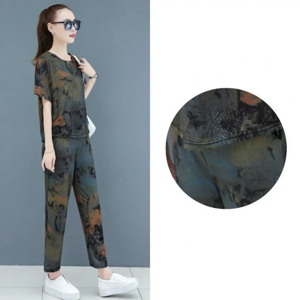 

2Pcs/Set Casual Outfit Elastic Waistband Top Pants Set Mid-aged Mother Casual Printing Loose Tracksuit