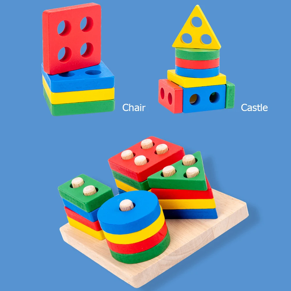 Baby Wooden Geometric Shapes Sorting Math Toys Set Montessori Toddler Kids Educational Stacked Puzzle Preschool Learning Game