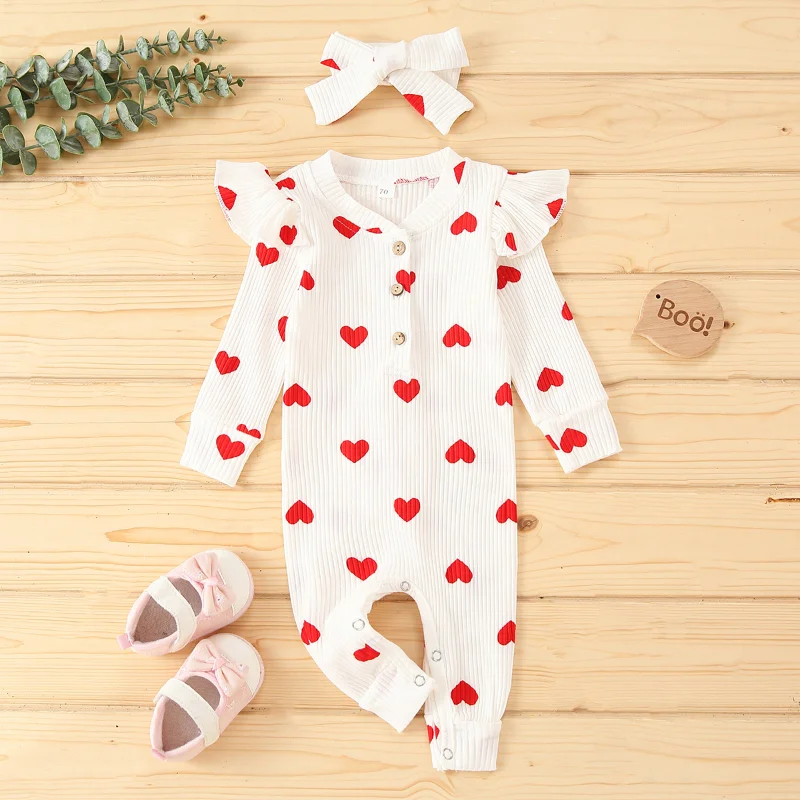 

Ruffle Long Sleeve Infant Baby Girls Romper Kids Clothes Cute Heart Print Rib Jumpsuit Headdress Valentine's Day Kids Playsuit