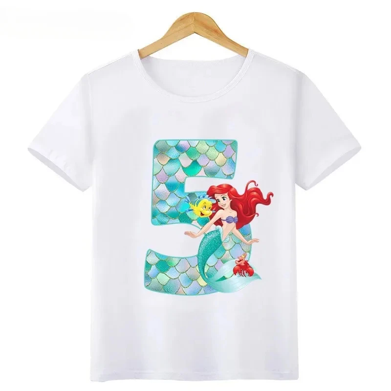 thumbnail image 1 of Camiseta de algodón con estampado de princesa sirena para niñas, ropa para niños de 1, 2, 3, 4, 5, 6, 7, 8 y 9 años, número de cumpleaños, camiseta con lazo para bebés y niños, 1 of 5