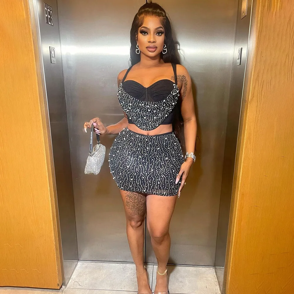 Rhinestone Crop Tops 2 Piece Skirt Sets 2023 Winter Women Y2K Streetwear Fashion Mini Backless Sexy Party Club Dress Outfits