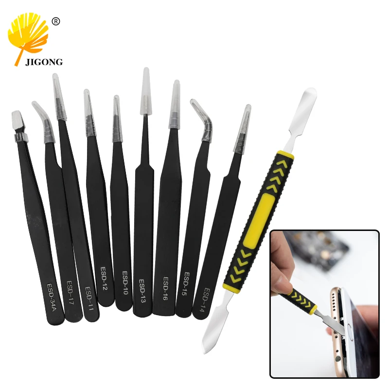 

10/11PCs Anti-static ESD Stainless Steel Tweezers Maintenance Tools Industrial Precision Curved Straight Tweezers Repair Tools