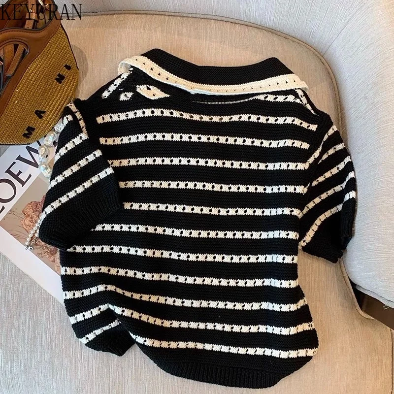 Black White Striped Contrast Color Short-sleeved Knitted Sweater Women's  2022 Summer New Korean Chic Cardigan Crop Top Knitwear