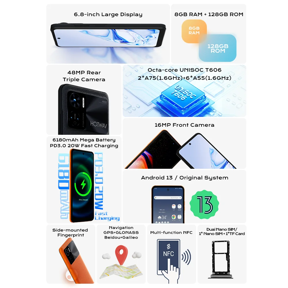 In Stock HOTWAV Note 12 Smartphone 6.8'' HD+ Android 13 8GB+128GB Octa-Core Mobile Phone 48MP NFC 6180mAh 20W Charging Cellphone 2