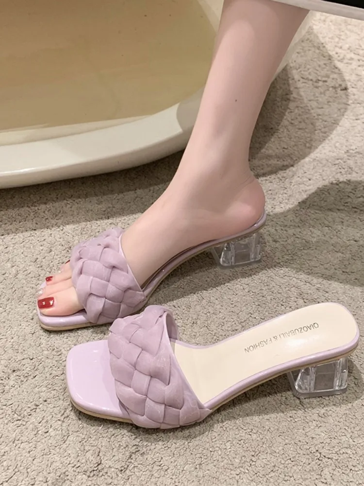 Scarpe Da Spiaggia Pantofole Da Donna Med Slides Fashion Heeled Mules Sabot 2023 Luxury High Rome Pu Cotton Fabric Rubber Hoof Shoes Woma