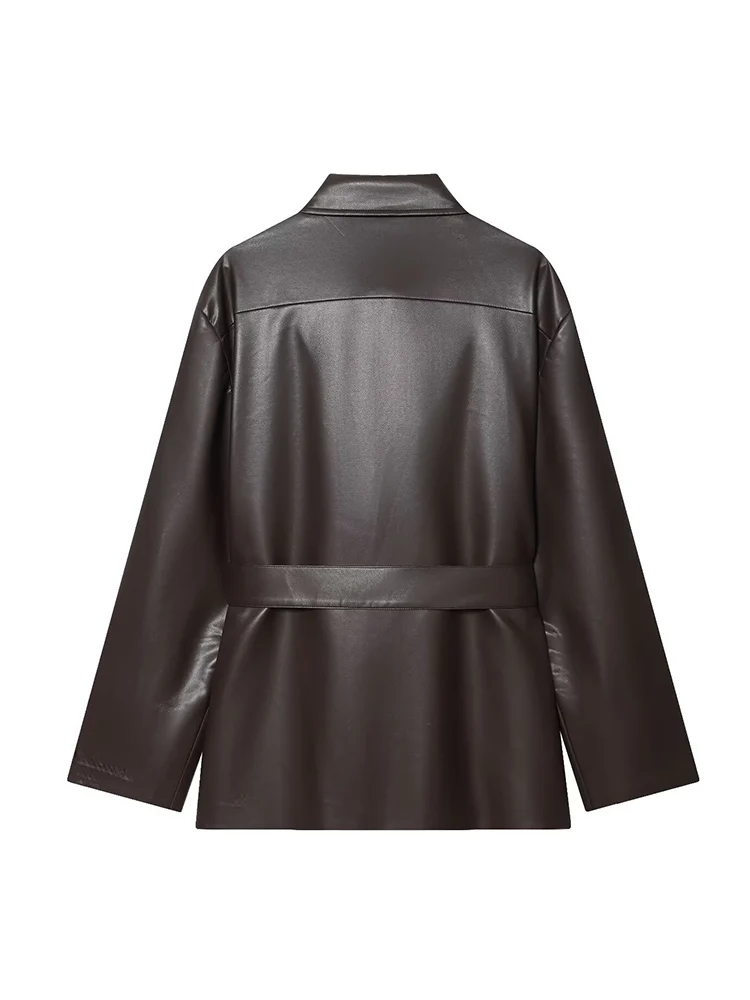 Vintage Women Pu Faux Leather Jacket With Belt Street Fashion Turn Down Collar Long Sleeve Pockets Coat Autumn Ladies Outerwear
