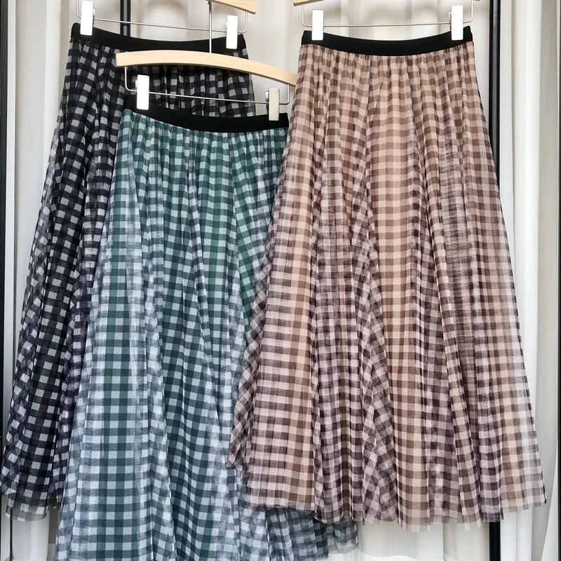 

Summer Mesh Skirt Women High Waist Plaids Print Patchwork Long Skirt Korean Casual Style Fashion Women Long Skirt A Line