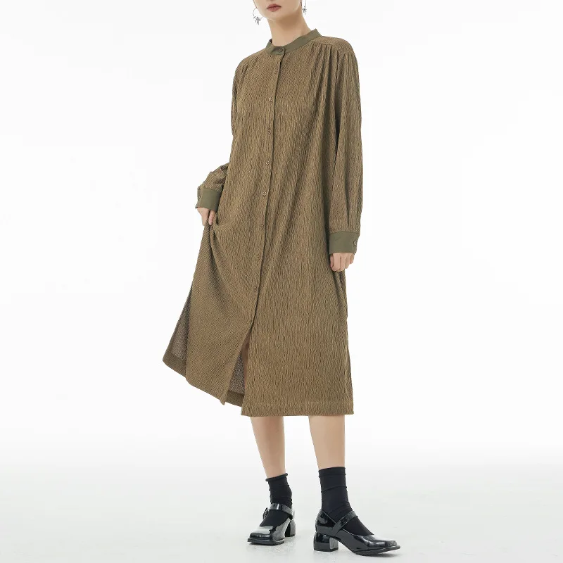 

French Style Vintage Stand Collar Long Sleeve Shirt Dress for Women 2023 Spring Streetwear Loose A-line Cardigan Dresses 85661#