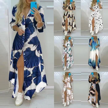 Women Summer Long Shirt Dress Vintage Printed Female Button Irregular Beach Maxi Dress