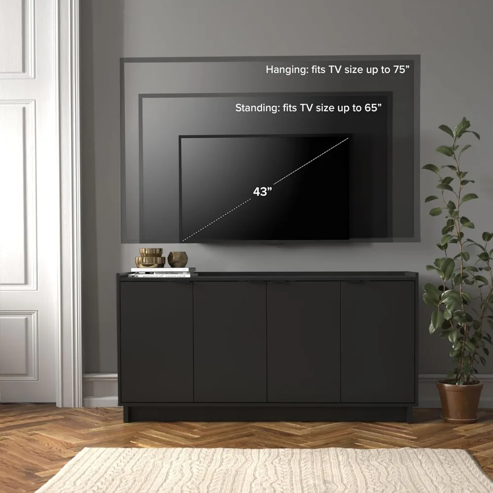 Simply Modern 4 Console Table Doors and Shelves, Sideboard Storage Cabinet, 60" W x 30" H x 16" D, Black