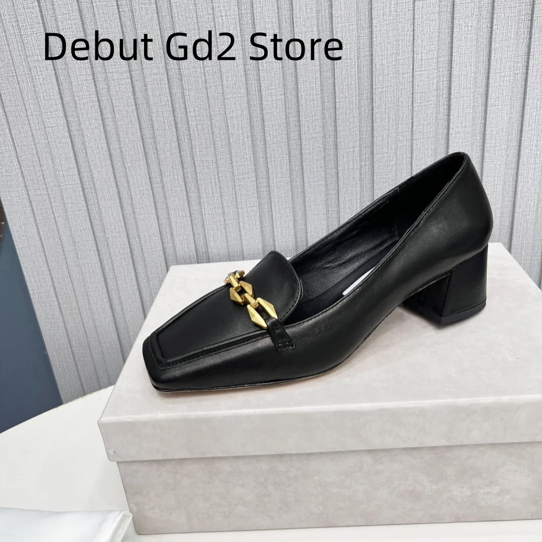 

Top Quality 2024 New Square Headed Mary Jane Baotou Sandals Metal Decoration Lefu Shoes Thick Heel Commuter Women's Single Shoes