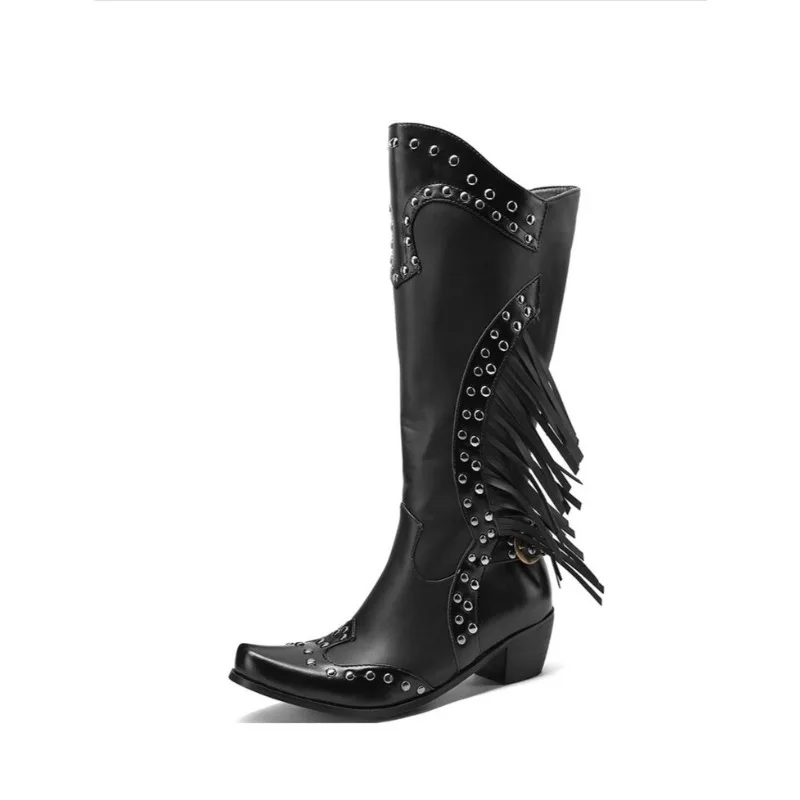 

Women Boots Spring Autumn Mid-Calf Rivet PU 5CM Square Heels British Style Fashion Ethnic Women Shoes black