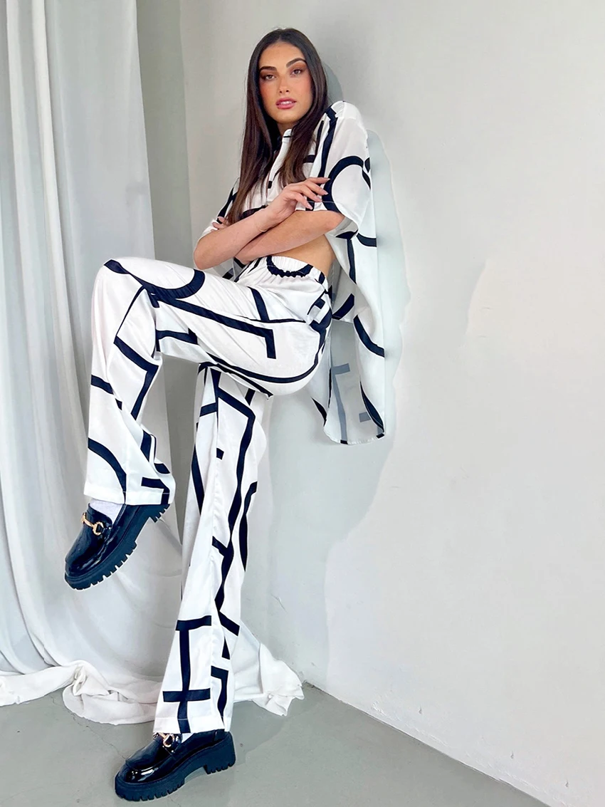 Marthaqiqi Summer Printing Ladies Pajamas Suit Turn-Down Collar Nightwear Half Sleeve Sleepwear Pants Casual Home Clothes Women