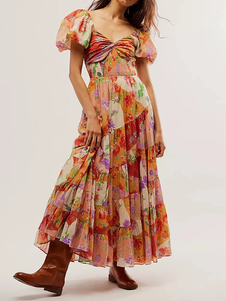 

Платье женское длинное с цветочным принтом, элегантный плиссированный сарафан с коротким рукавом, с оборками, с открытой спиной, в винтажном стиле, на лето