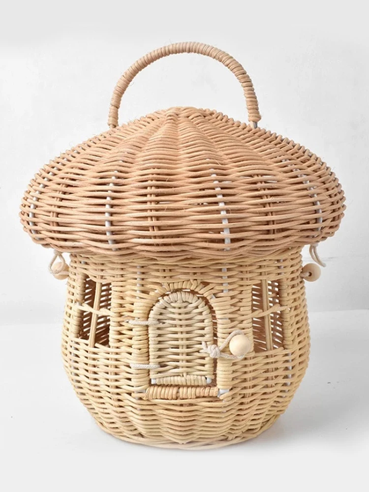 

XZAN Rattan Mushroom Basket Bag Woman Designer Pine Cone Wicker Woven Handbag Women Summer Cute Beach Straw Bali Vacation