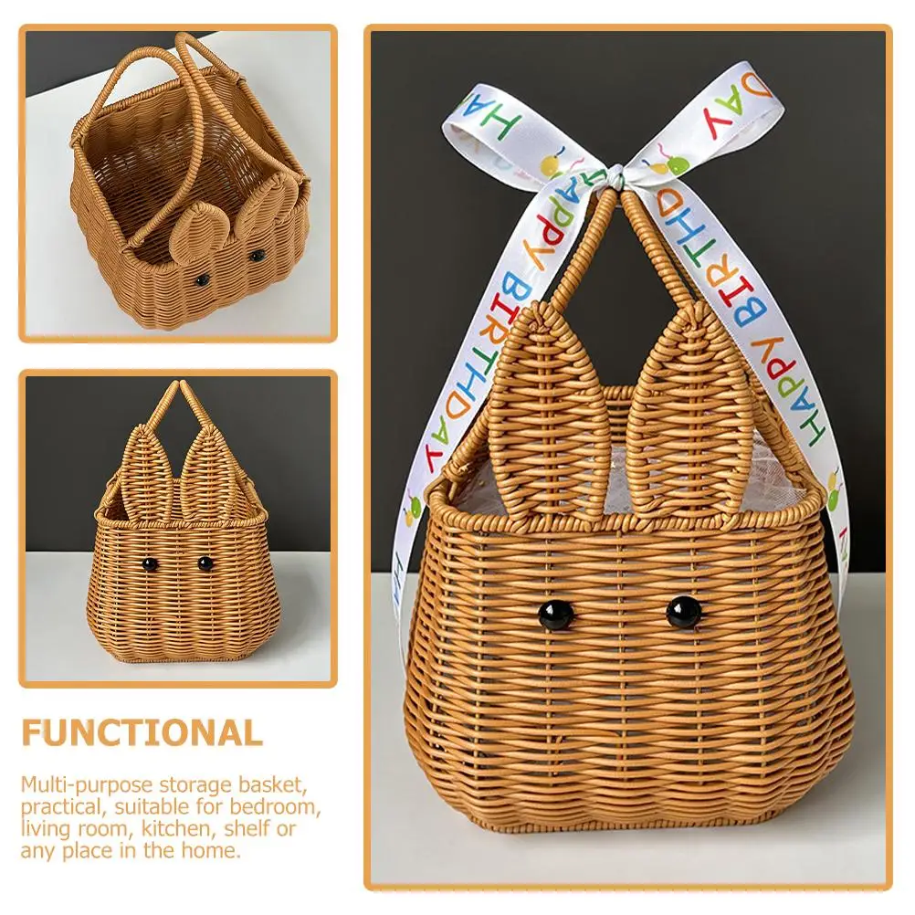 Bunny Hand Basket Small Portable Storage Woven Easter Rattan Picnic Sundries Lightweight Bedroom Living Room Kitchen Home Decor 3