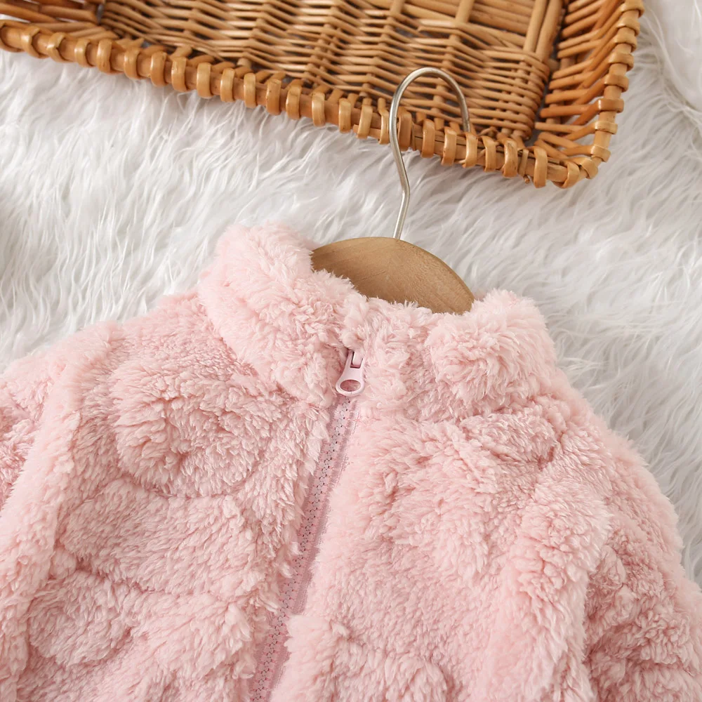 New Winter Girl's Coat Hairy Thick Fleece Jacket Jacket Solid Color Printed Round Neck Zipper Cardigan
