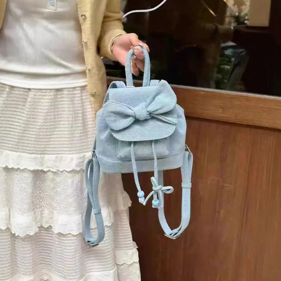 JIAERDI Sweet Bow Denim Backpacks Women New Retro Travel Harajuku Pocket Mini Backpack Student Vintage Y2k Mochila Aesthetic