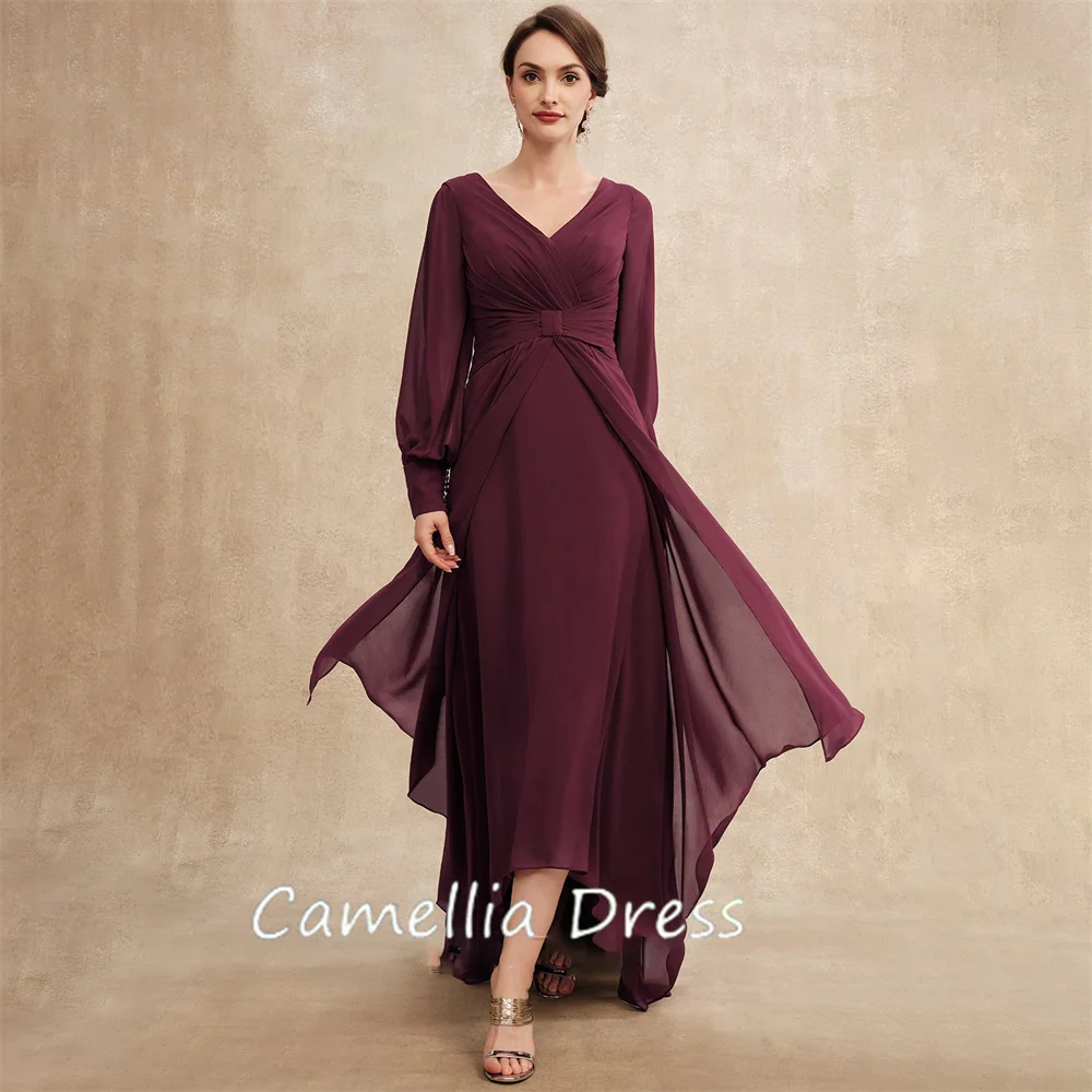 

New V-Neck Mother Of The Bride Dress A-line Asymmetrical Chiffon With Pleated Formal Dresses Vestidos Mae Da Noiva Casamentos