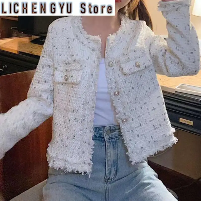 New Autumn Women Single-Breasted Tweed Woolen Coat Round Neck Long Sleeve Tassel Jacket Design High Quality