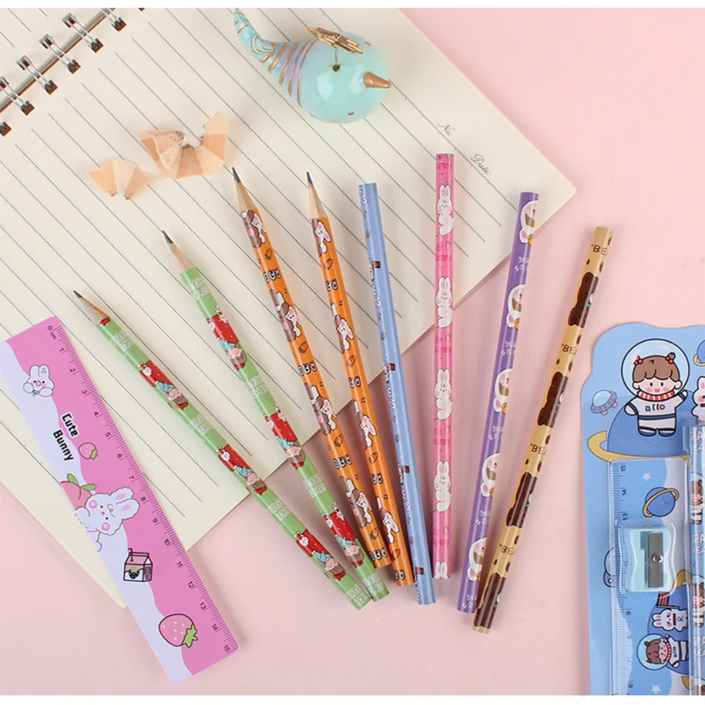 Cute Cartoon Stationery Set Pencil Ruler Eraser Pencil Sharpener Kawaii Children School Scrapbook Supplies Set 5Pcs Gifts stationery gift box stationery set
