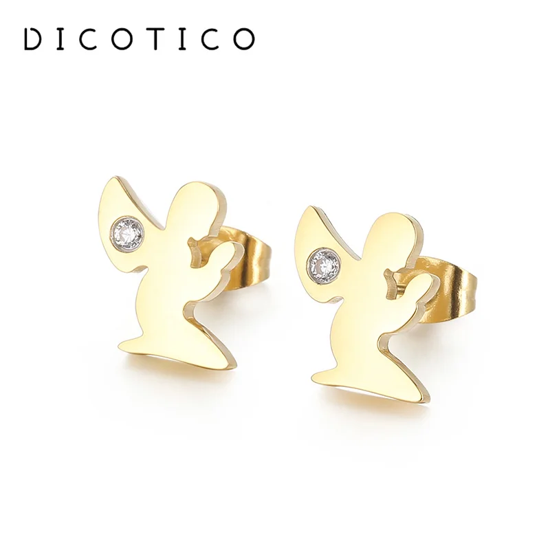 

New Cartoon Angel of Prayer Stud Earrings for Women Stainless Steel Rhinestone Earring Trendy Wings Women Wedding Ear Jewelry