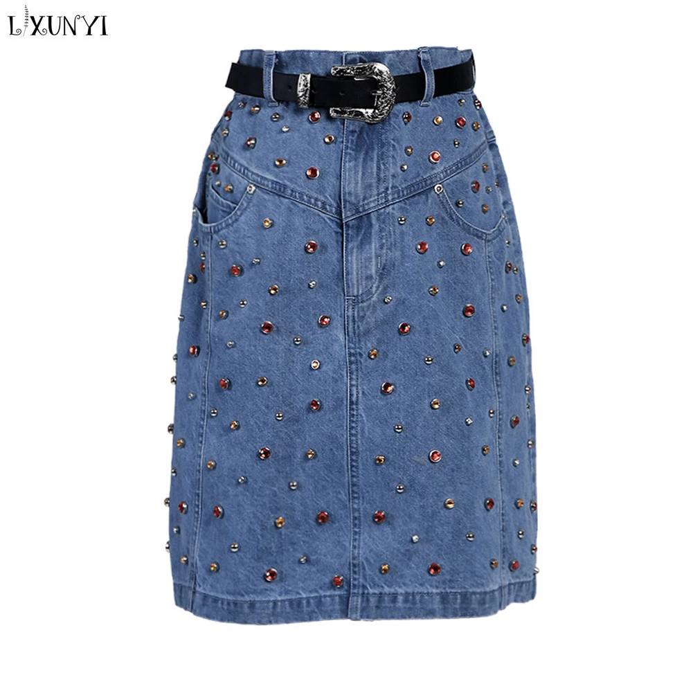 

Colorful Diamond Denim Skirts Women Spring Summer Heavy Beaded Luxury High Waist Blue Short Jeans Skirt Femake Runway Skirts