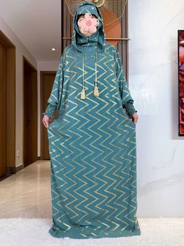 2025 New Cotton Ramadan Muslim Double hat Abaya Dubai Turkey Islam Prayer Clothes Gold Stamp Dress Islam Women Dress Kaftan 1