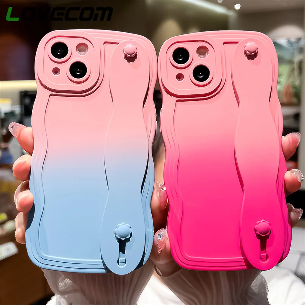 Luxuriöse Handgelenkschlaufe mit Farbverlauf, gewellter Rand, Handyhülle für iPhone 14 13 12 11 Pro Max Mini XS Max X XR 7 8 6 6S Plus Soft Cover_voghion.com