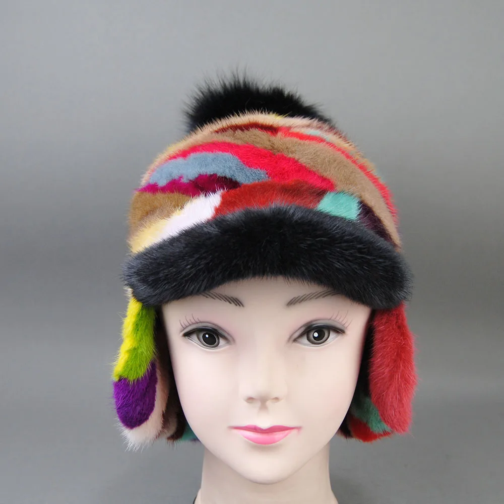 New Winter Hat For Women With EarsThick Warm Visor Horse Tail Baseball Cap Windproof Soviet Russian Casual Real Mink Fox Fur Hat
