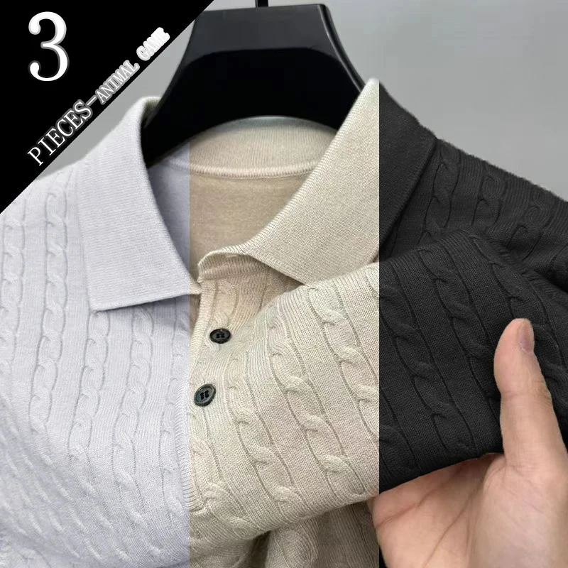 Animal Game 3 Pack Men's Knitted Pullover T-shirts Cable Button Polo Sweaters V-neck Long Sleeve Outdoor Business Polo Shirts