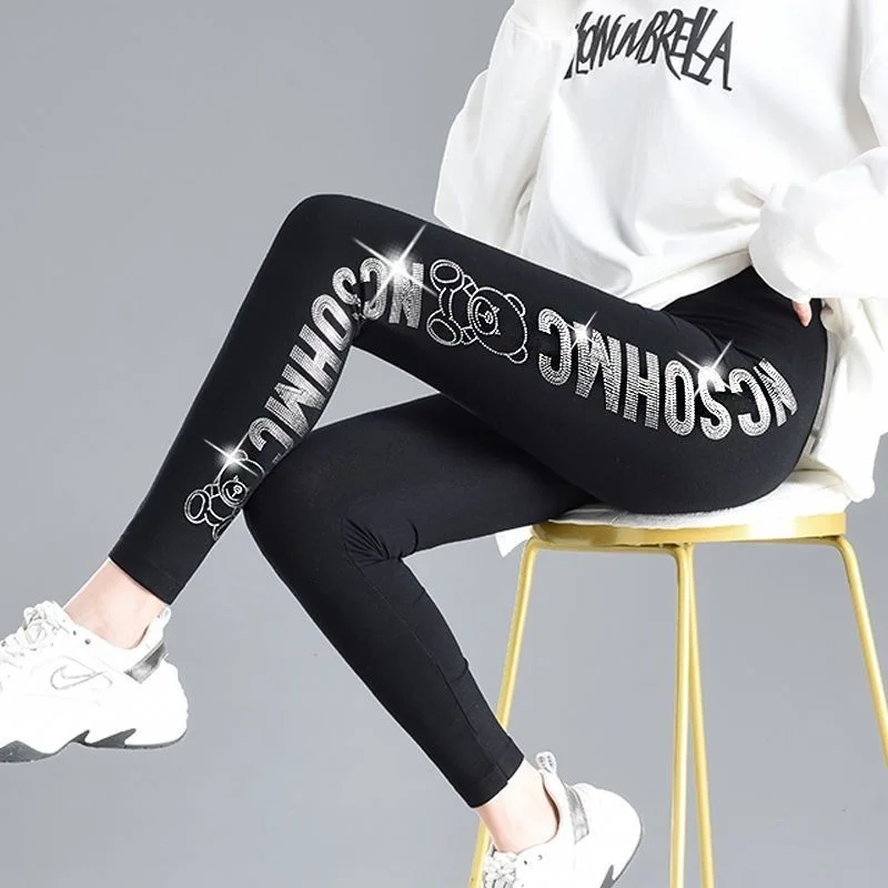 Black Gold Letter Bear Sequin Women's Leggings Pants High Waist Elastic Black Bottoms Pencil Trousers