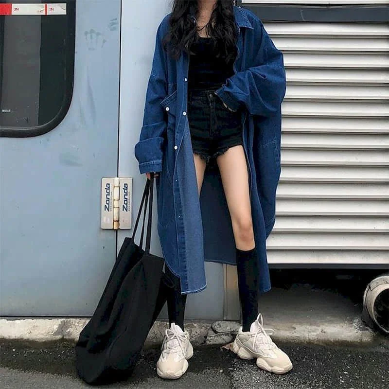 Mummy & Mee, Casual Korean Style Blue Denim Shirt And Denim Shorts Set main image 0