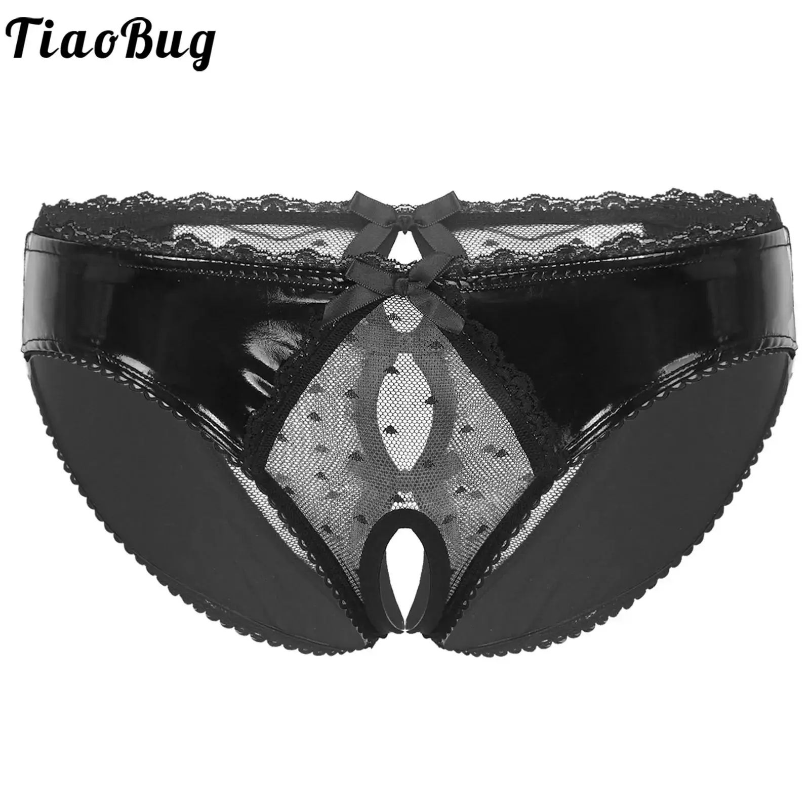 

Mens Lace Patchwork Crotchless Briefs Shiny Patent Leather Open Butt Panties Hollow Out Low Waist Underpants Gay Sissy Underwear