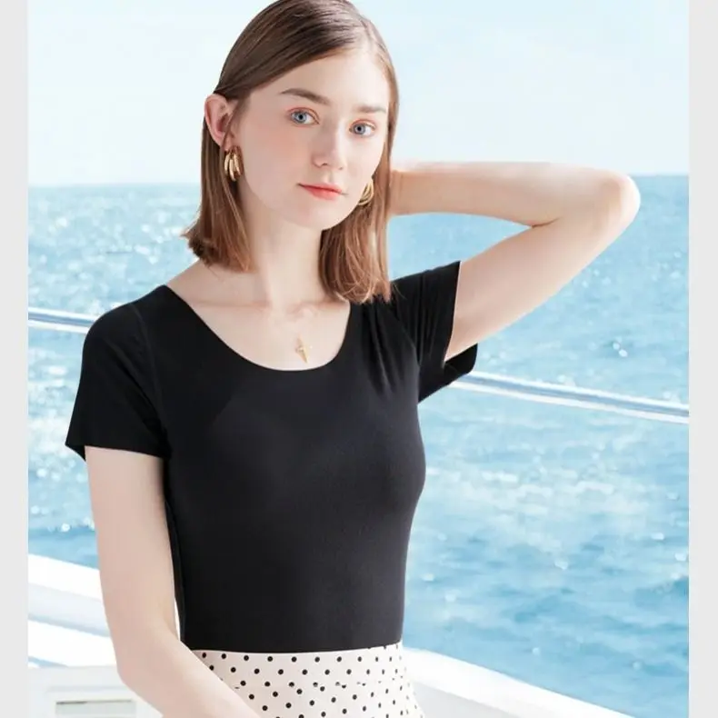 얇은 여성용 아이스 실크 심리스 반팔 O넥 티셔츠, 여성용 슬림 반팔, 여름 트렌드 쿨